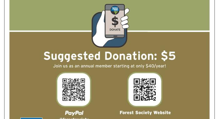 A sign with a QR code suggests a $5 donation to support trail stewardship.