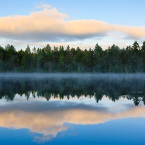 A forest and clouds are reflected in misty water below at Umbagog National Wildlife Refuge.