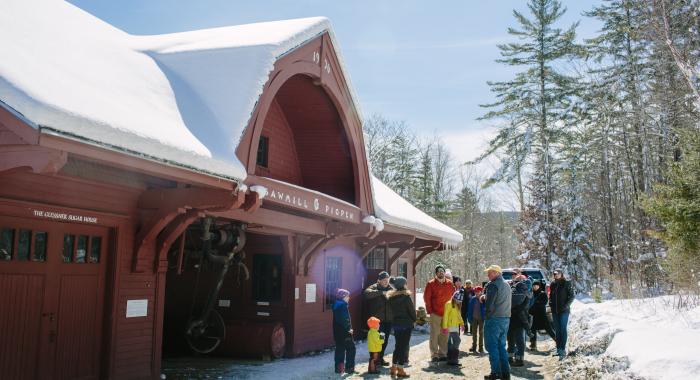 Visitors gather outside the maple museum.