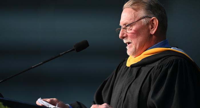 Dave Anderson spoke at the graduate commencement at Plymouth State.