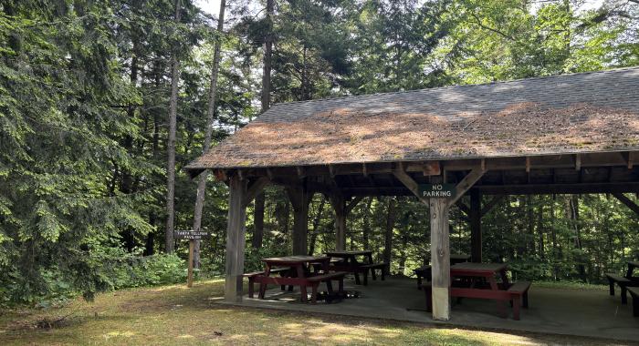 The pavilion at Bretzfelder Park in summer.