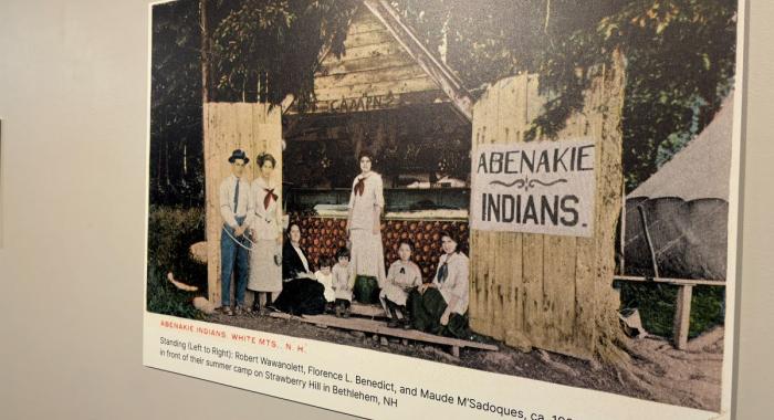 A postcard from 1920 showing Abenaki people selling their baskets in Bethlehem.