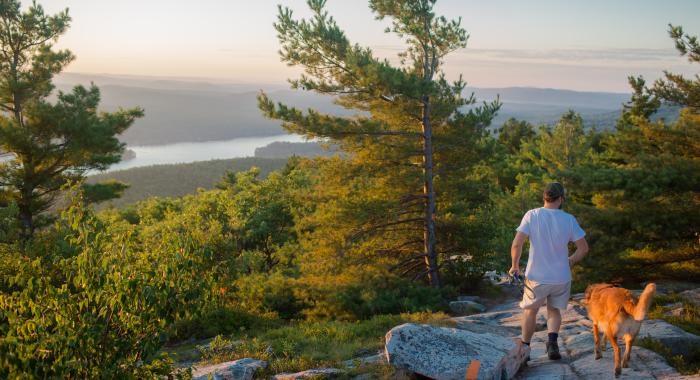 Man and dog run along rocky trail overlooking lake