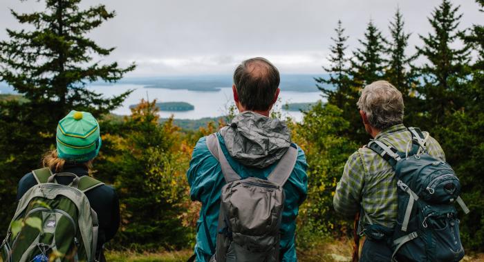 Three hikers wearing backpacks look out at a lake