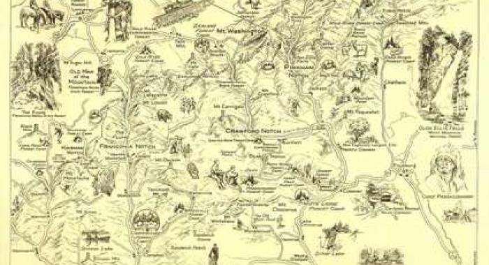 A hand-drawn map of the White Mountain National Forest from 1936.