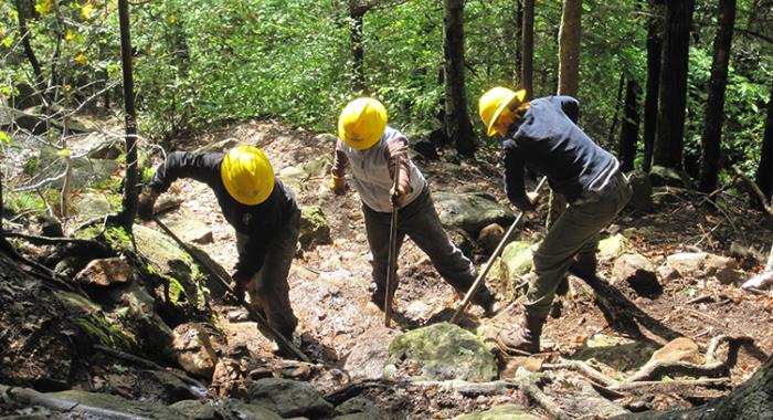 A Student Conservation Association crew moves a stone step into place on Mt. Monadnock.