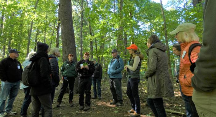 Dave Anderson holds a leaf while talking to attendees during a field trip on the floodplain.