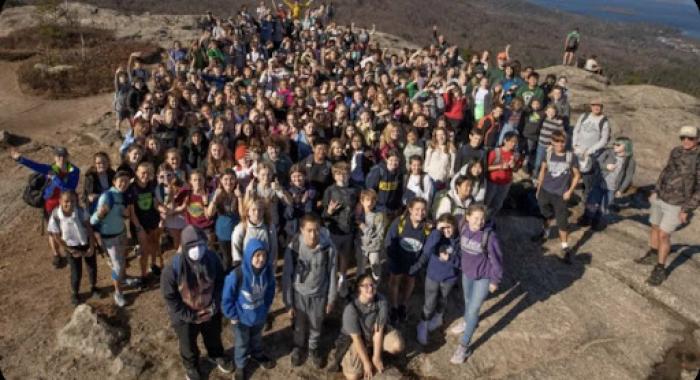 students gathered for group photo on Mt Major summit