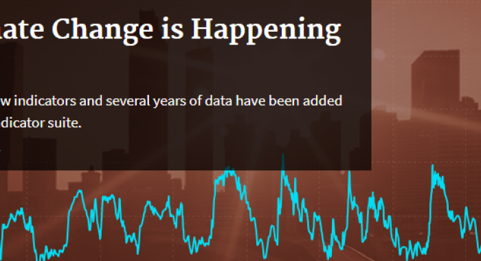 EPA climate change graphic with buildings in back ground, reads "Climate Change is Happening Now"