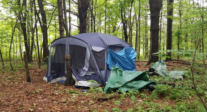 Homeless campsite in the woods in Concord