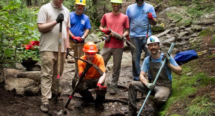 A work crew on Mount Monadnock improves the trail.