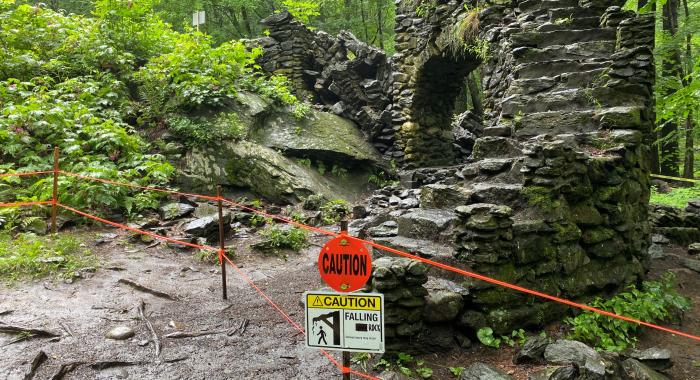 The remains of Madame Sherri's "castle" are roped off after the collapse of one of the arches of the stone staircase.