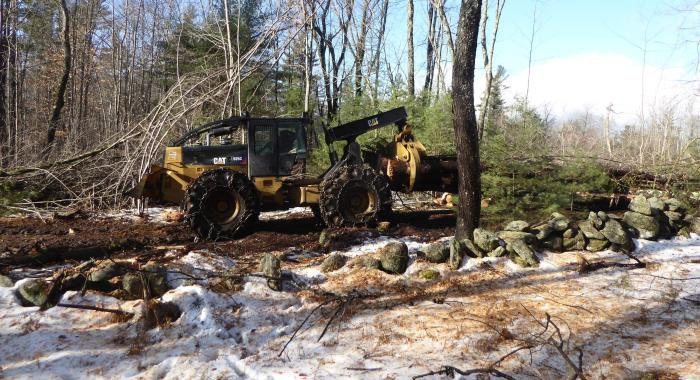 A grapple skidder moves wood to the landing during a timber harvest on David Wilson Land, Sharon, NH.  SPNHF photo.