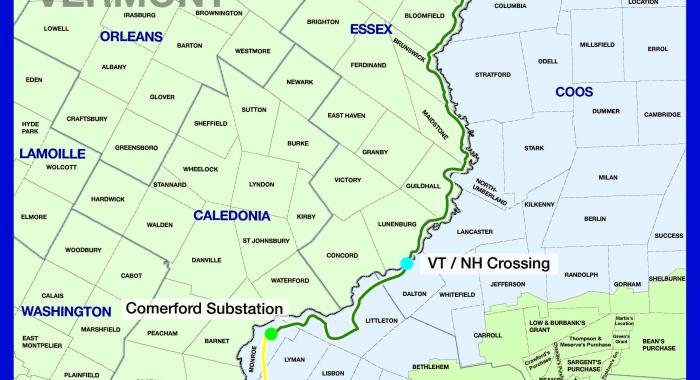 The proposed route of the transmission line from Canada through Vermont to the NH border.