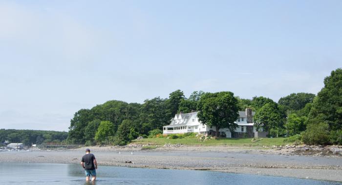 A young man walks through shallow water towards the shore. 