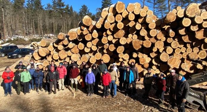 Huge log pile on landing in background with people in colorful winter parkas in foreground on timber landing in Lempster on Jan 22, 2022 
