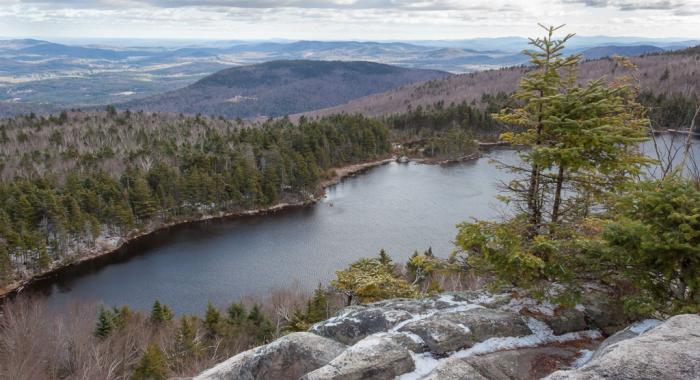 An expansive view of Lake Solitude in winter.