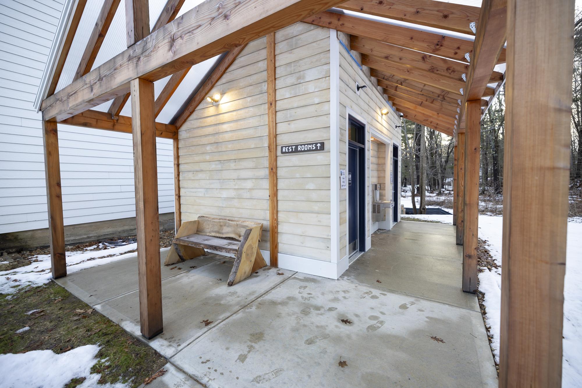 The new restrooms at Creek Farm as viewed from entrance.