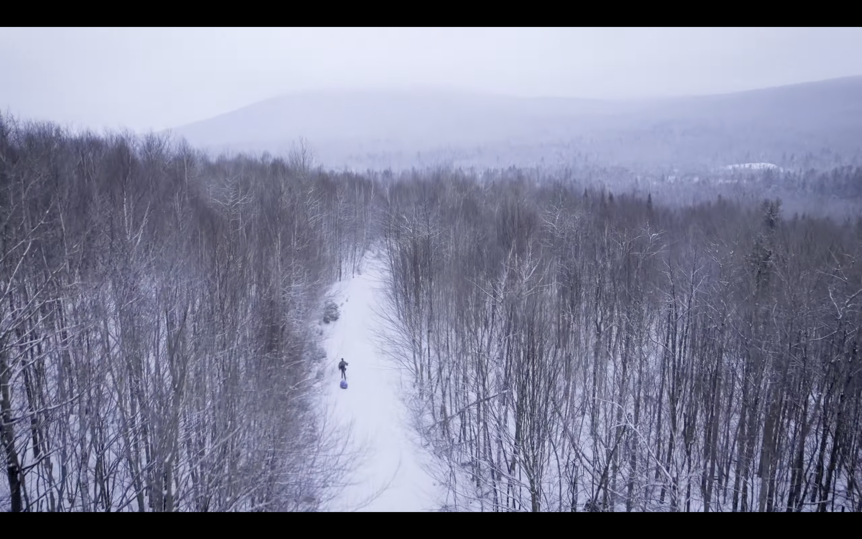 Aerial shot of winter forest with a xc skier moving down a trail