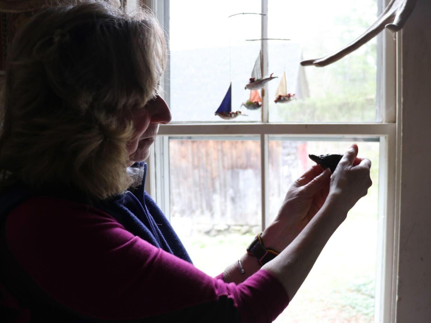 Sy Montgomery holds a hatchling up to the window.