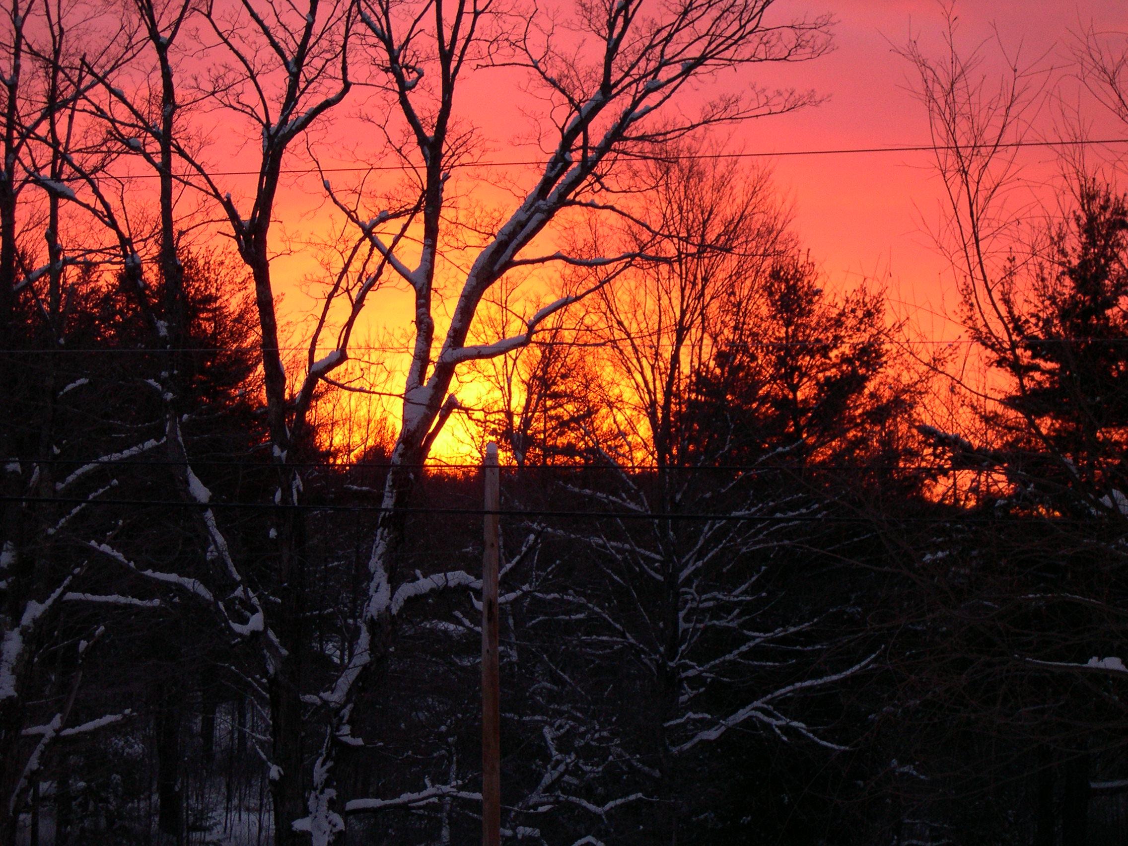 Dark orange sunrise in the winter 