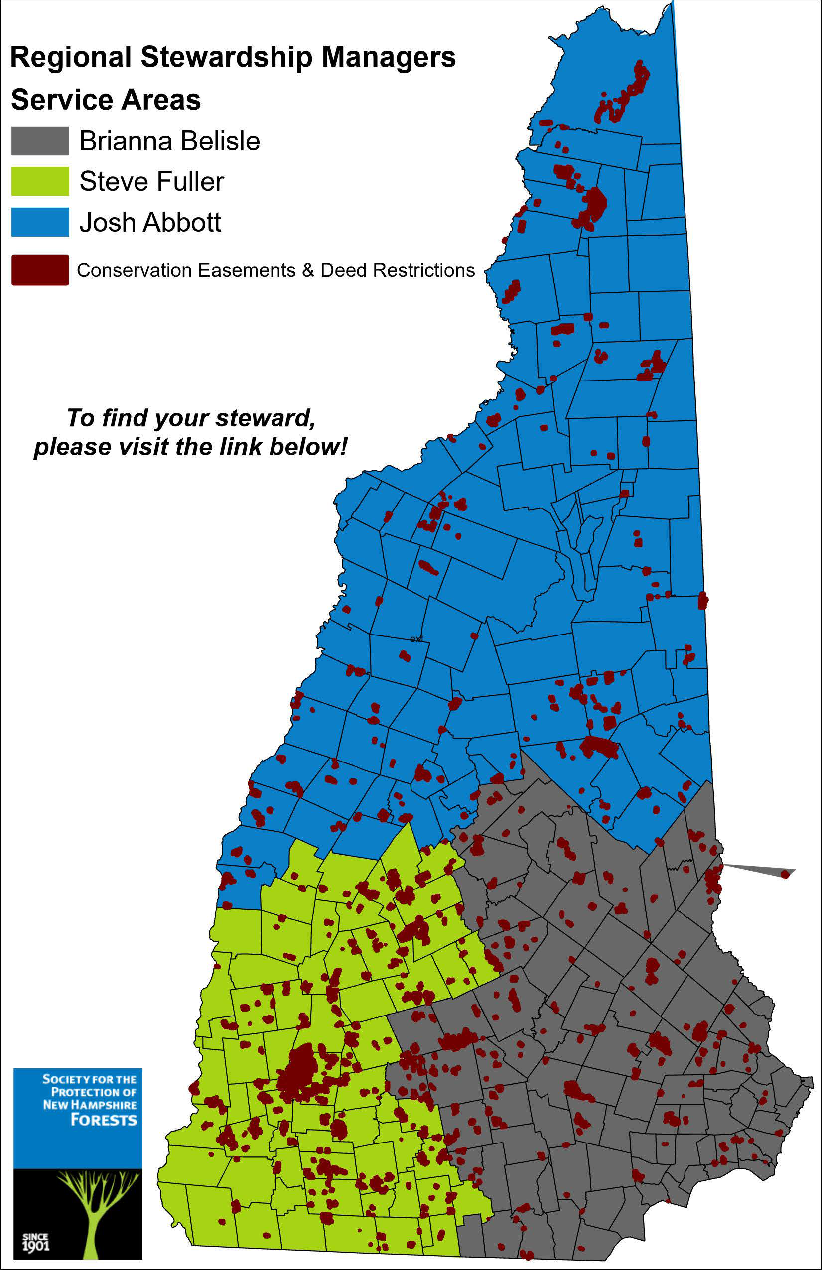Map depicting regional stewardship manager regions, color coded