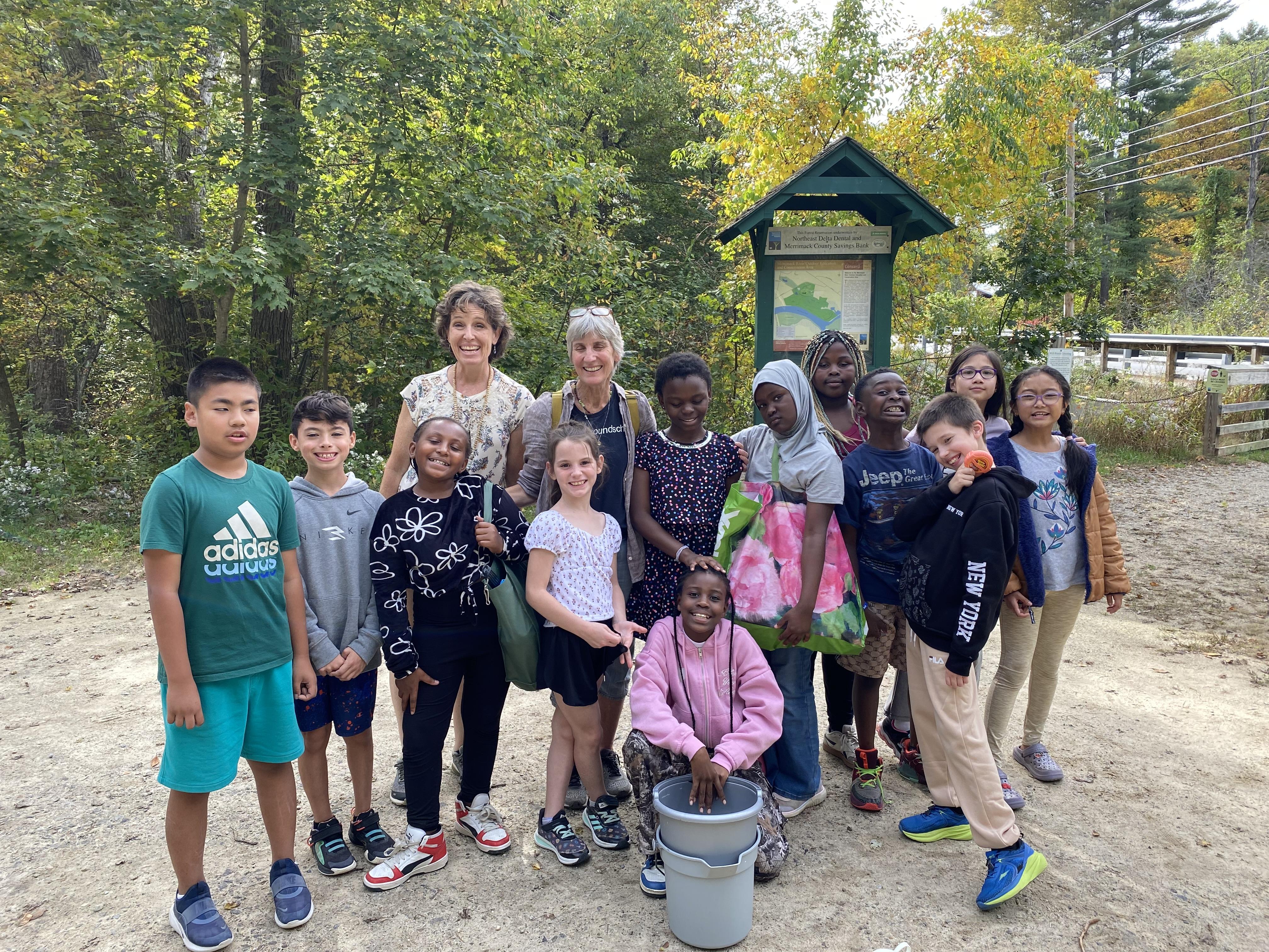 Local students pose at Merrimack River Floodplain trailhead
