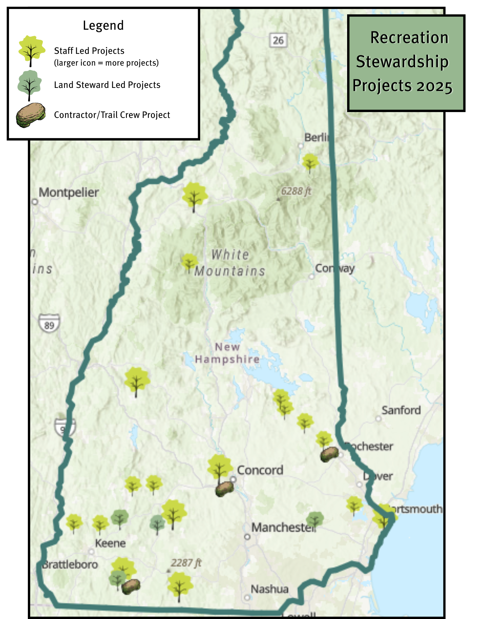 A NH State Map that displays locations of stewardship projects during the 2025 field season.