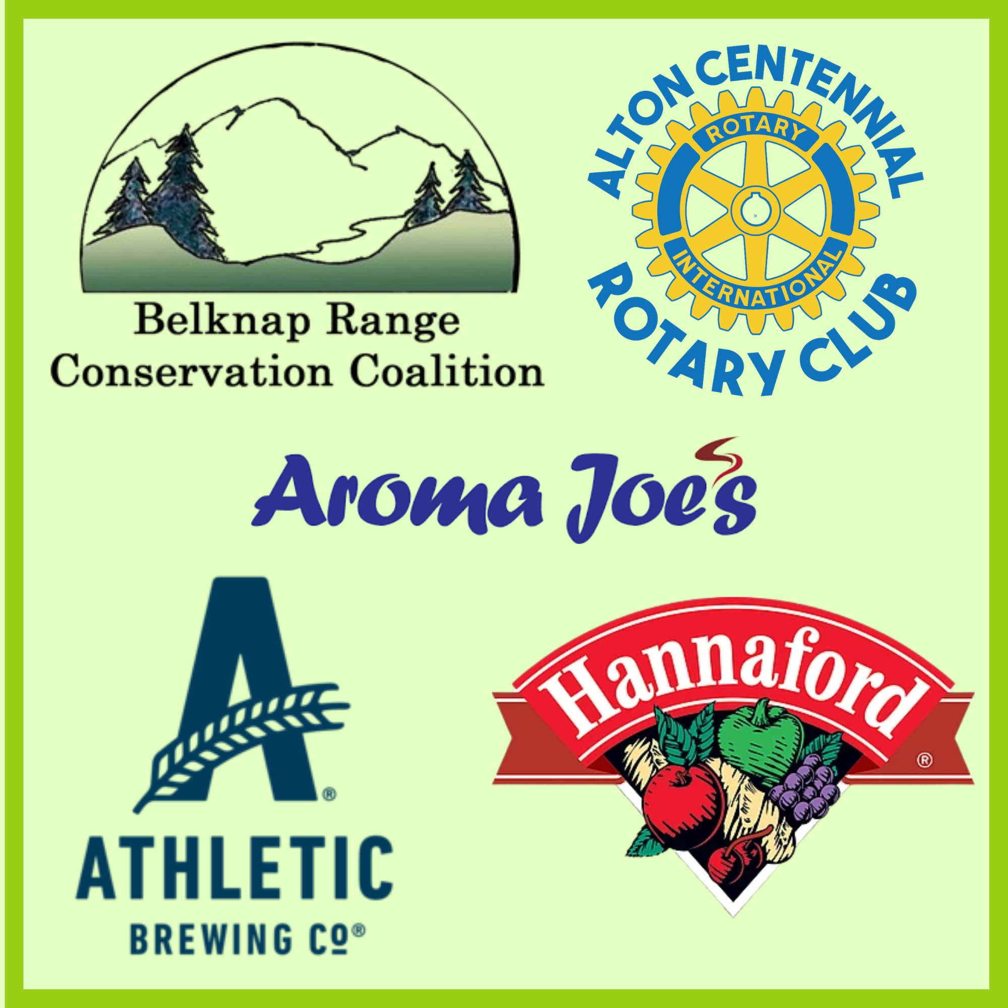 Logos from Alton Centennial Rotary Club, Belknap Range Conservation Coalition, Athletic Brewing Co, Aroma Joes and Hannaford