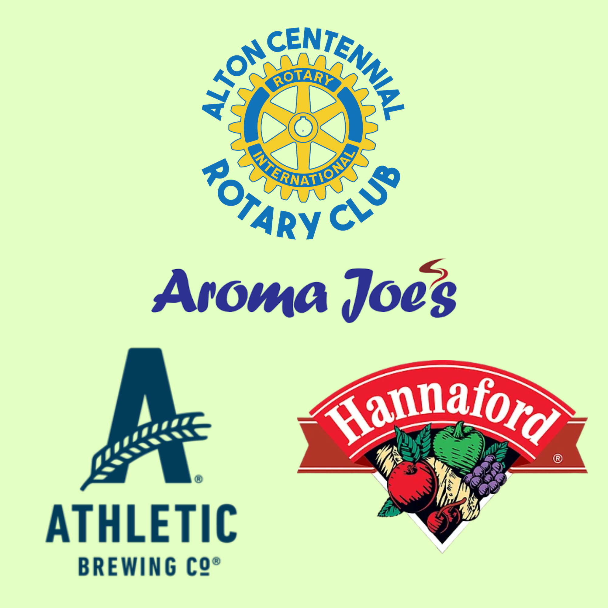 Alton Centennial Rotary Club, Aroma Joes, Athletic Brewing, Hannaford Stores logos to show support for Earth Day at Mount Major