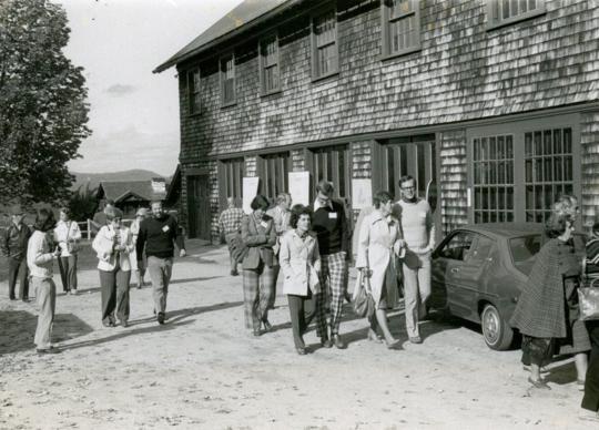 Guests and board members mingle outside the Tool Building during the 1978 annual meeting of the Society for the Protection of New Hampshire Forests. Descendants of John Jacob Glessner deeded the property to the Forest Society that year.