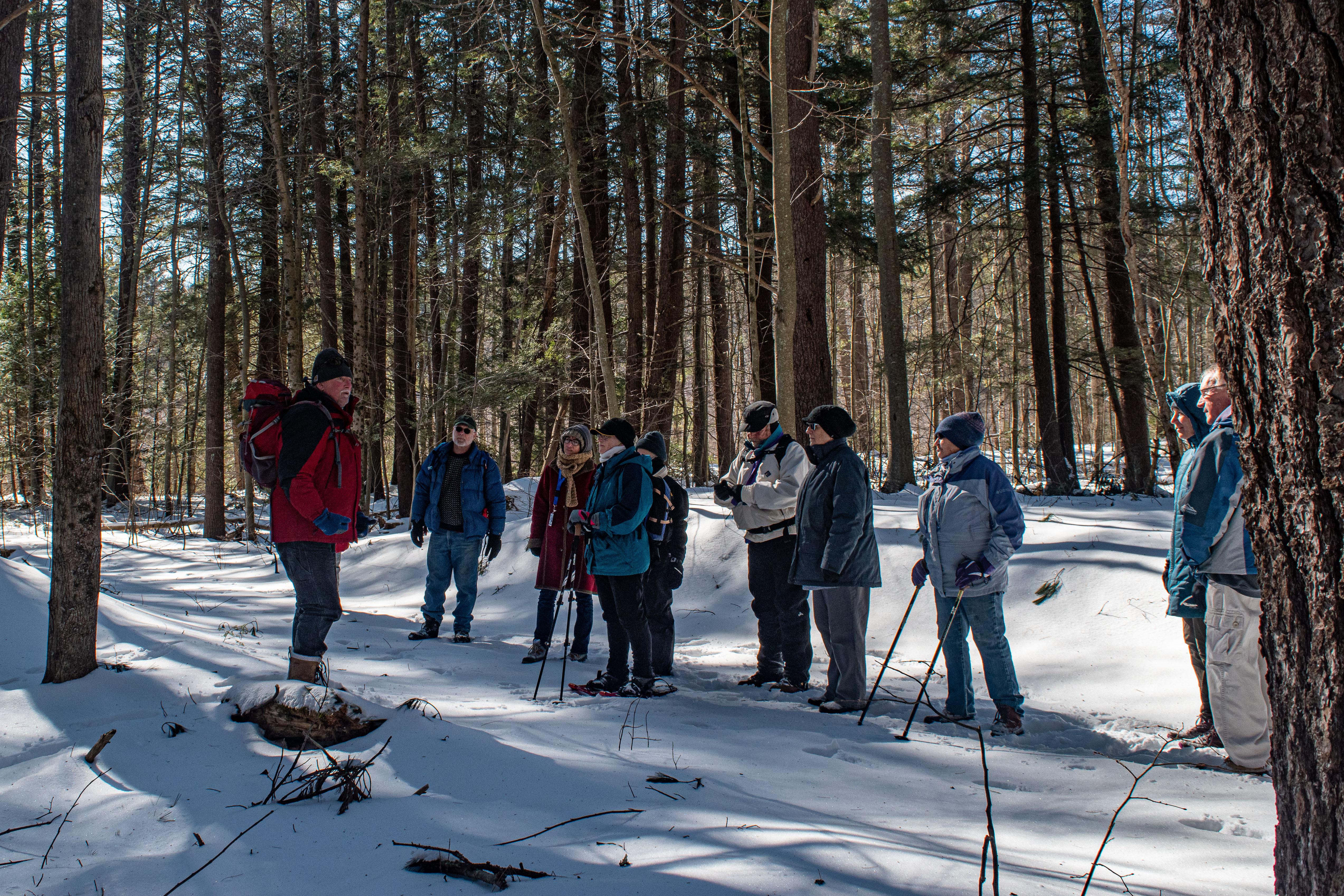 Forest Society Senior Director of Education Dave Anderson led the group into the woods to explore the newly protected land. (Photo: Kate Wilcox)