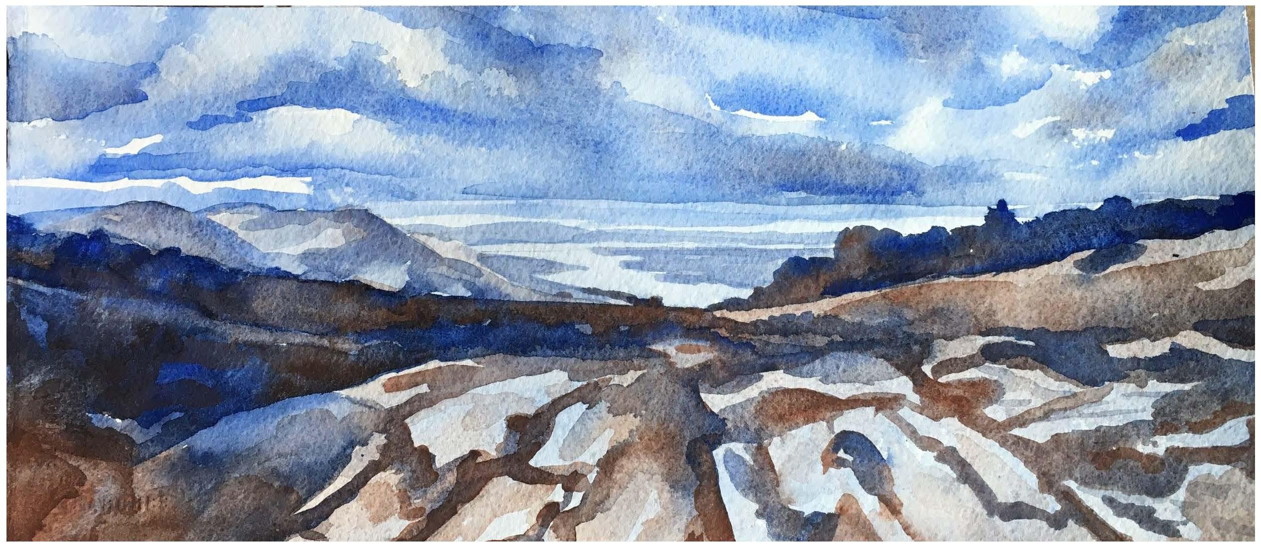 A watercolor painting at the Morse Preserve overlooking Alton Bay with a blue sky above.