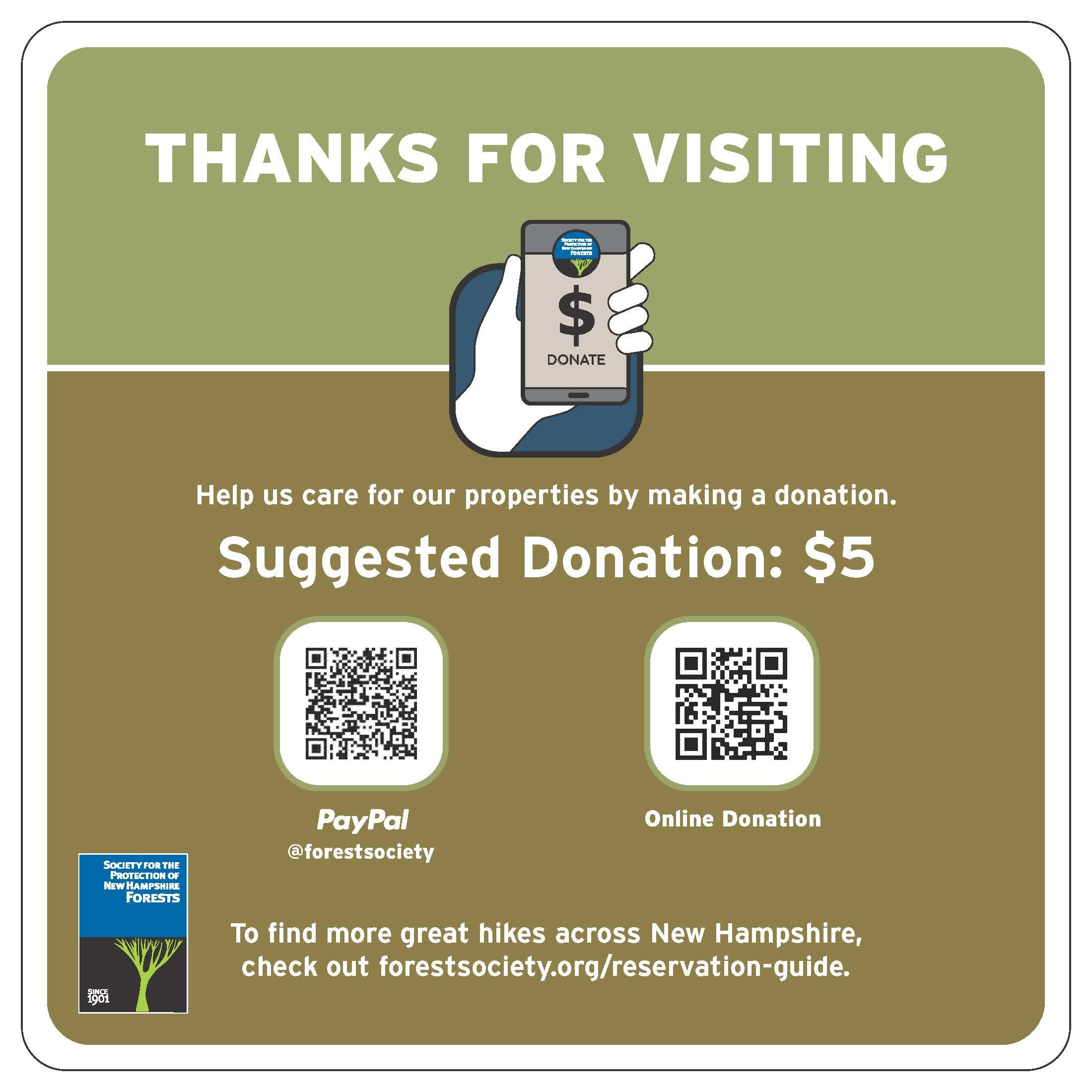 A sign with a QR code suggests a $5 donation to support trail stewardship.