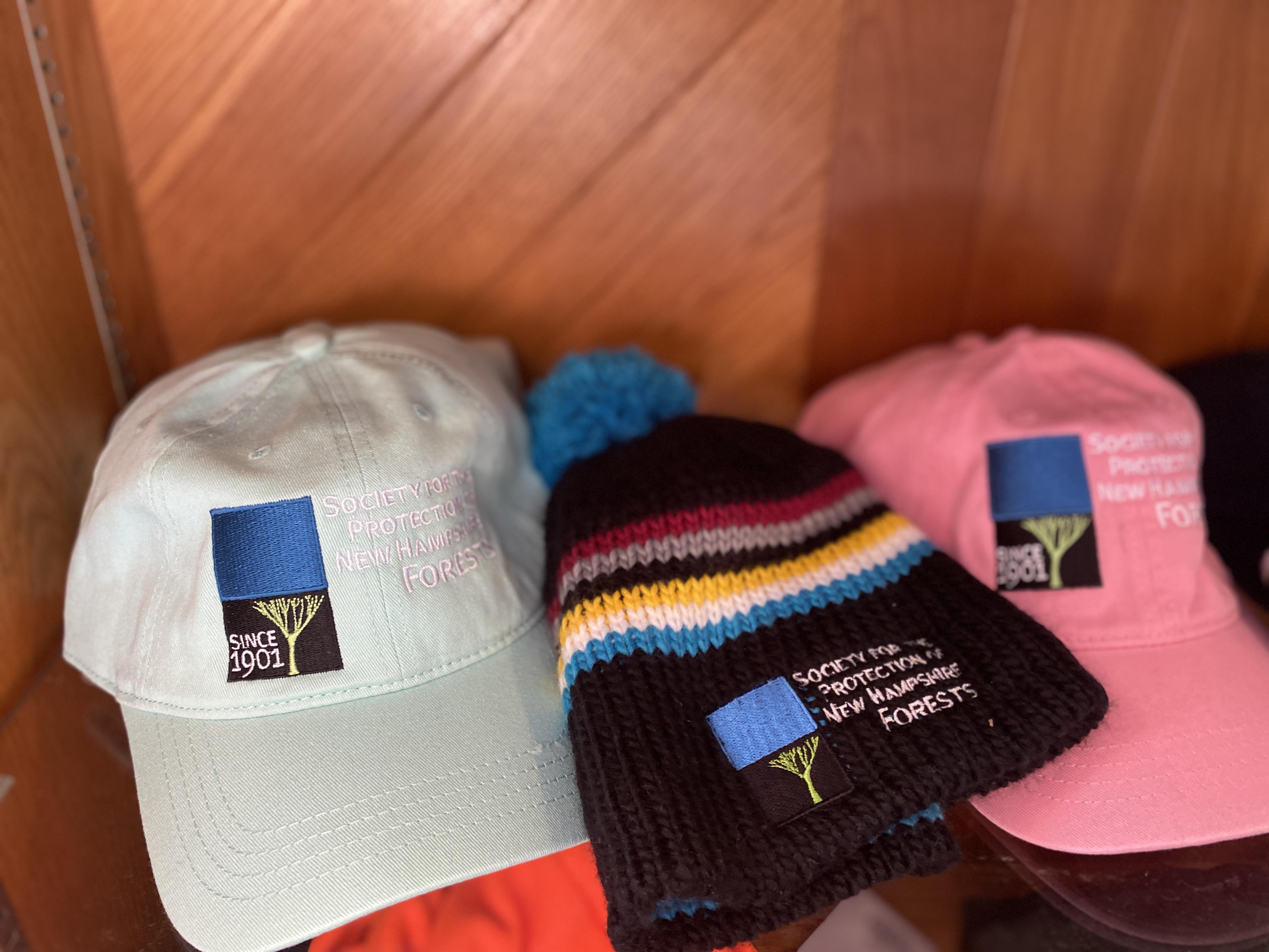 Two baseball hats and one knit hat with Forest Society logos, for sale.