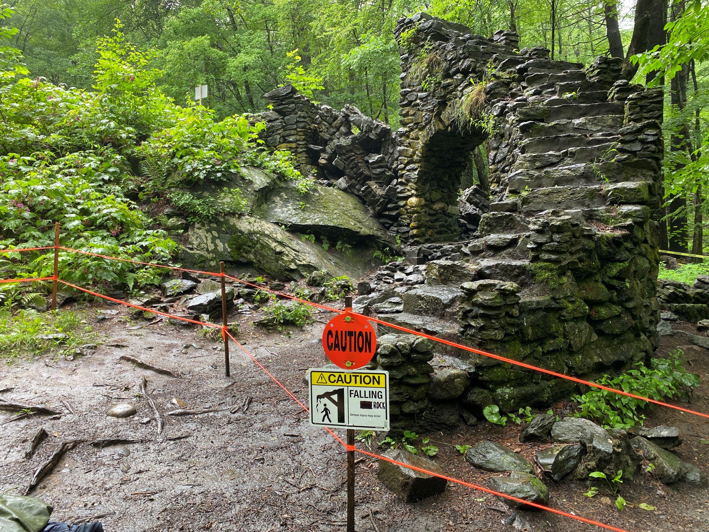The remains of Madame Sherri's "castle" are roped off after the collapse of one of the arches of the stone staircase.