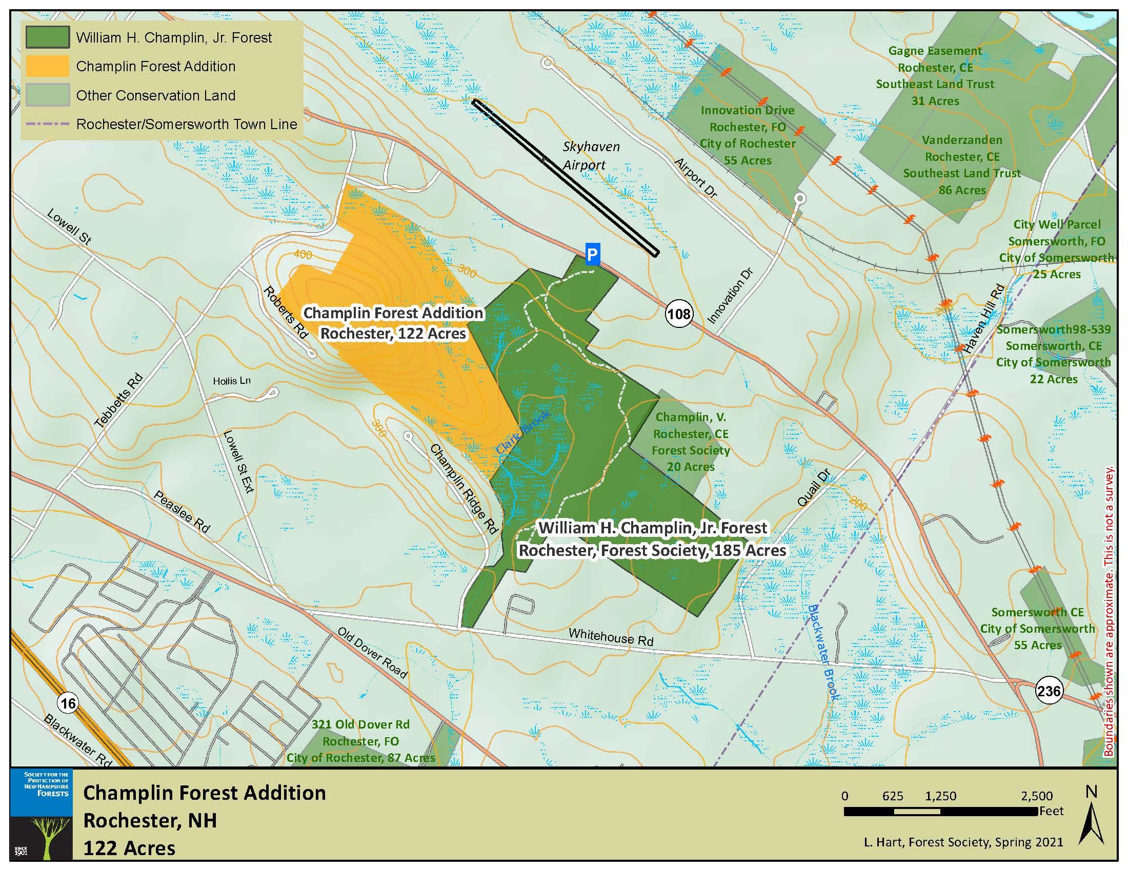 A map of the area that makes up Champlin Forest.