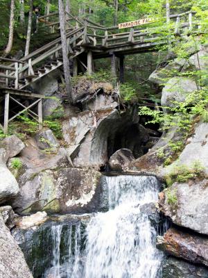 A cascading waterfall with glacial boulders framing it.