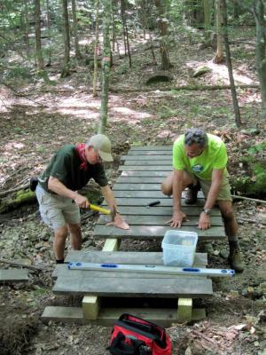 Land stewards work on a bridge at Buxton-Simons Forest