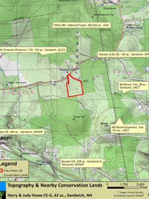 Topography and nearby conservation lands for 62 acre proposed conservation easement in Sandwich, NH