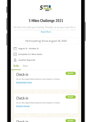 An iphone screenshot of the 5 Hikes Challenge on the Forest Society's Mobile App.
