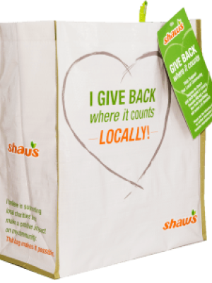 A photo of a Shaw's Give Back bag.