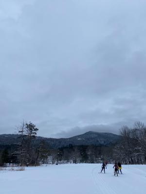 Cross country skiers in a snowy field with a mountain in the background 