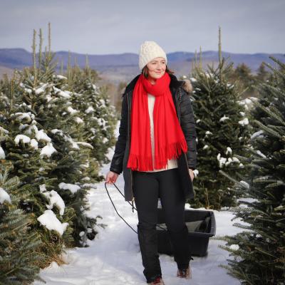 A woman walks through the Christmas tree fields pulling a sled in winter.