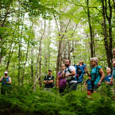 Hikers ask questions and learn at an interpretive hike through a forest in Nottingham