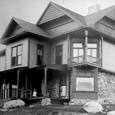 The big house at The Rocks in black and white.