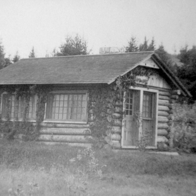 The cabin in black and white.