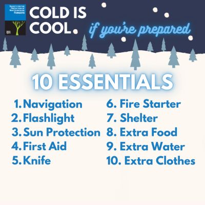 A graphic of 10 essentials for winter recreation: navigation, flashlight, sun protection, first aid, knife, fire starter, shelter, extra food, water and clothing.