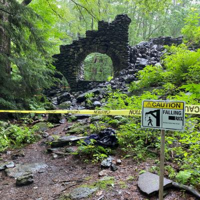 Caution tape surrounds the ruins of Madame Sherri's castle, some of which recently fell.