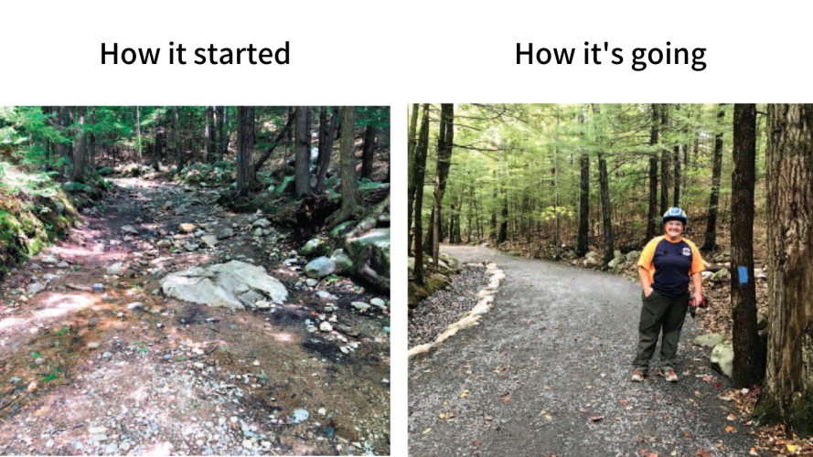 Before and after photos of the trail work.